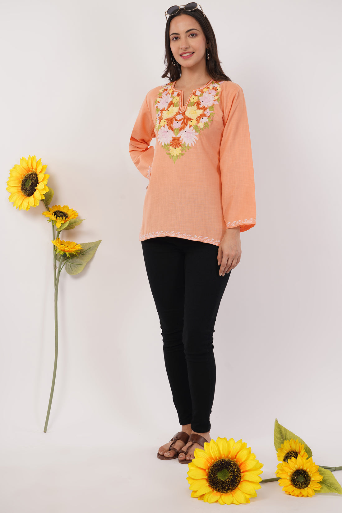 Kashmiri Aari embroidery Cotton Short Kurti Size-38 (Peach)