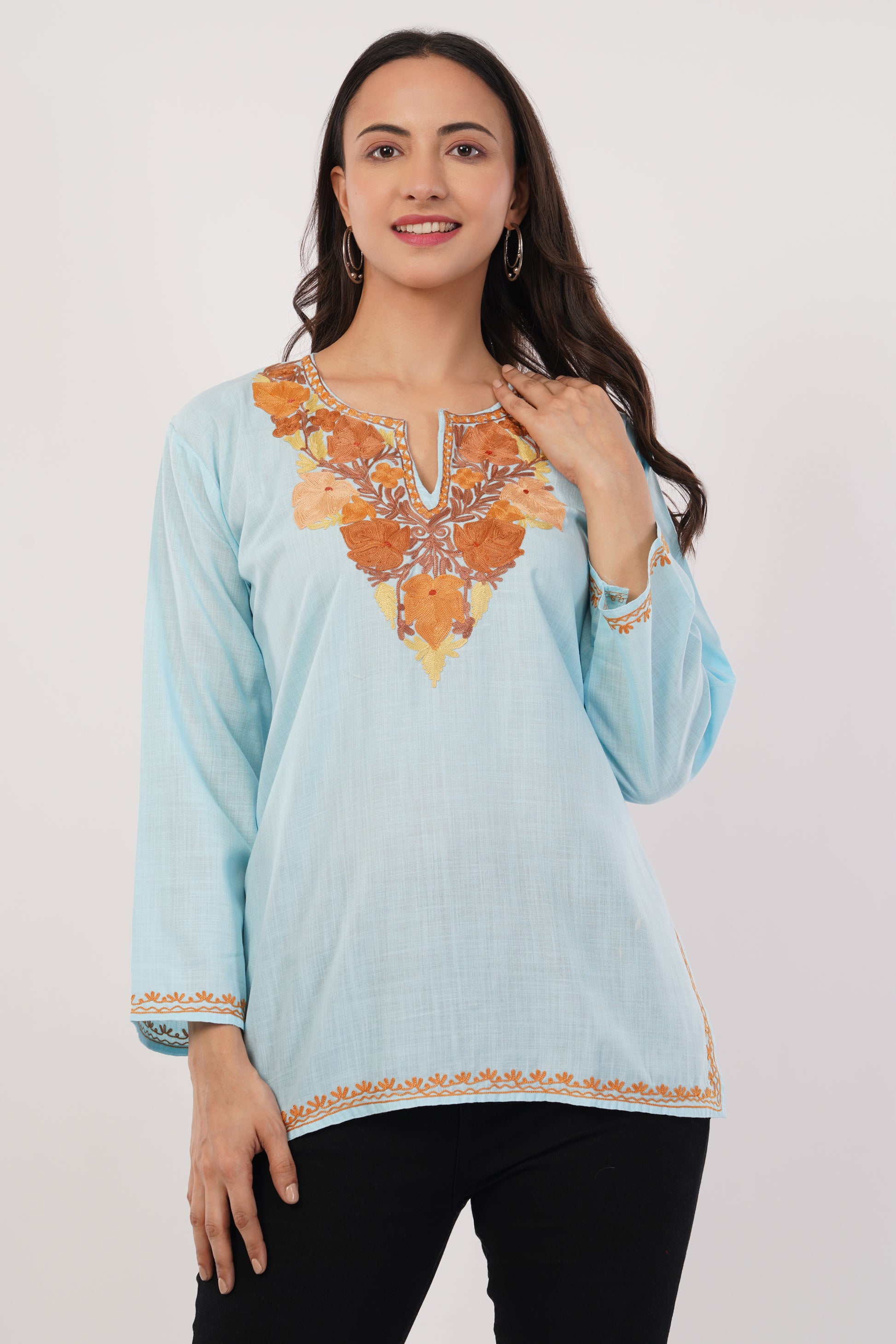 Kashmiri Aari embroidery Cotton Short Kurti Size-38 (Sky Blue)