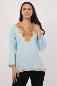 Kashmiri Aari embroidery Cotton Short Kurti Size-38 (Sky Blue)