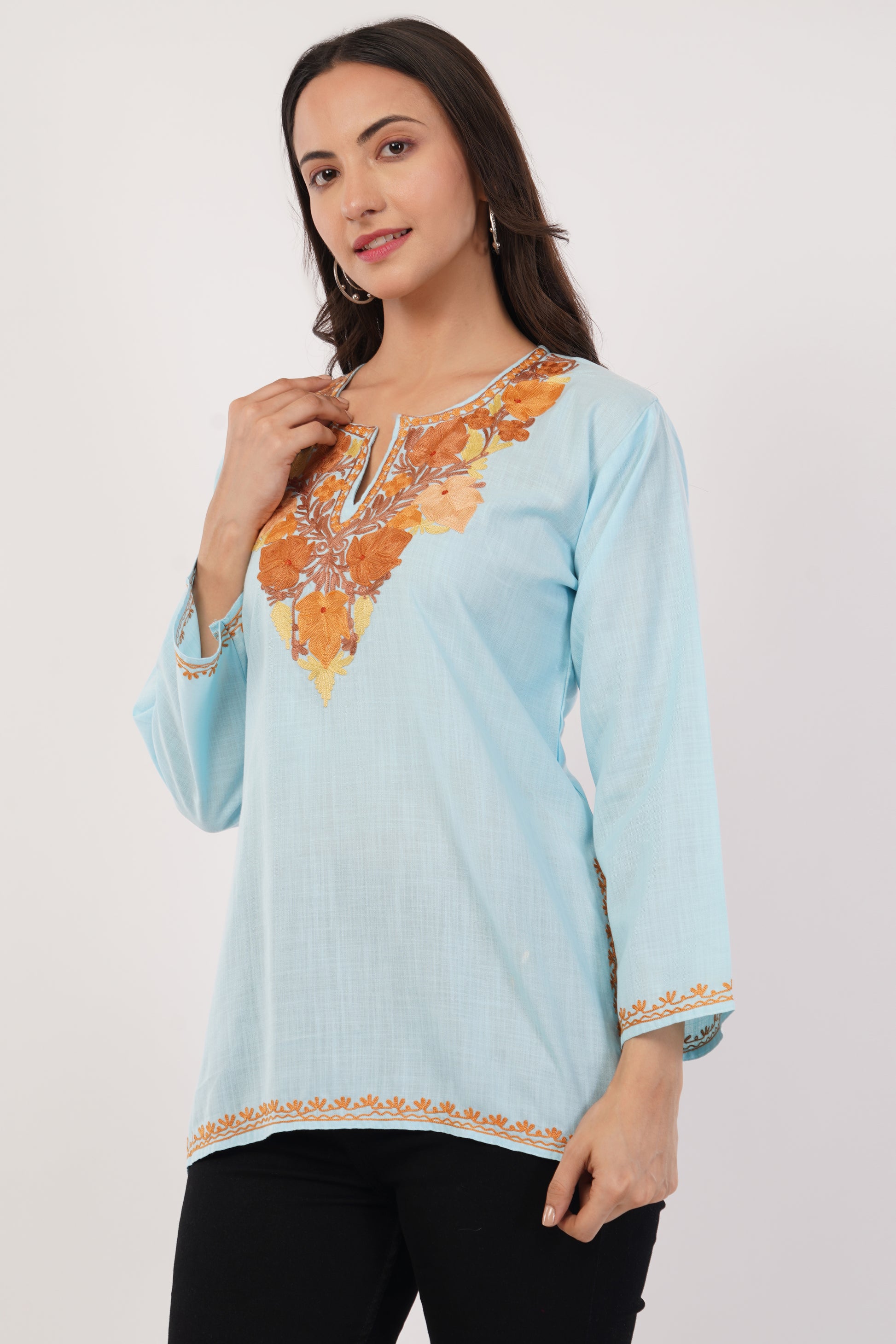 Kashmiri Aari embroidery Cotton Short Kurti Size-38 (Sky Blue)