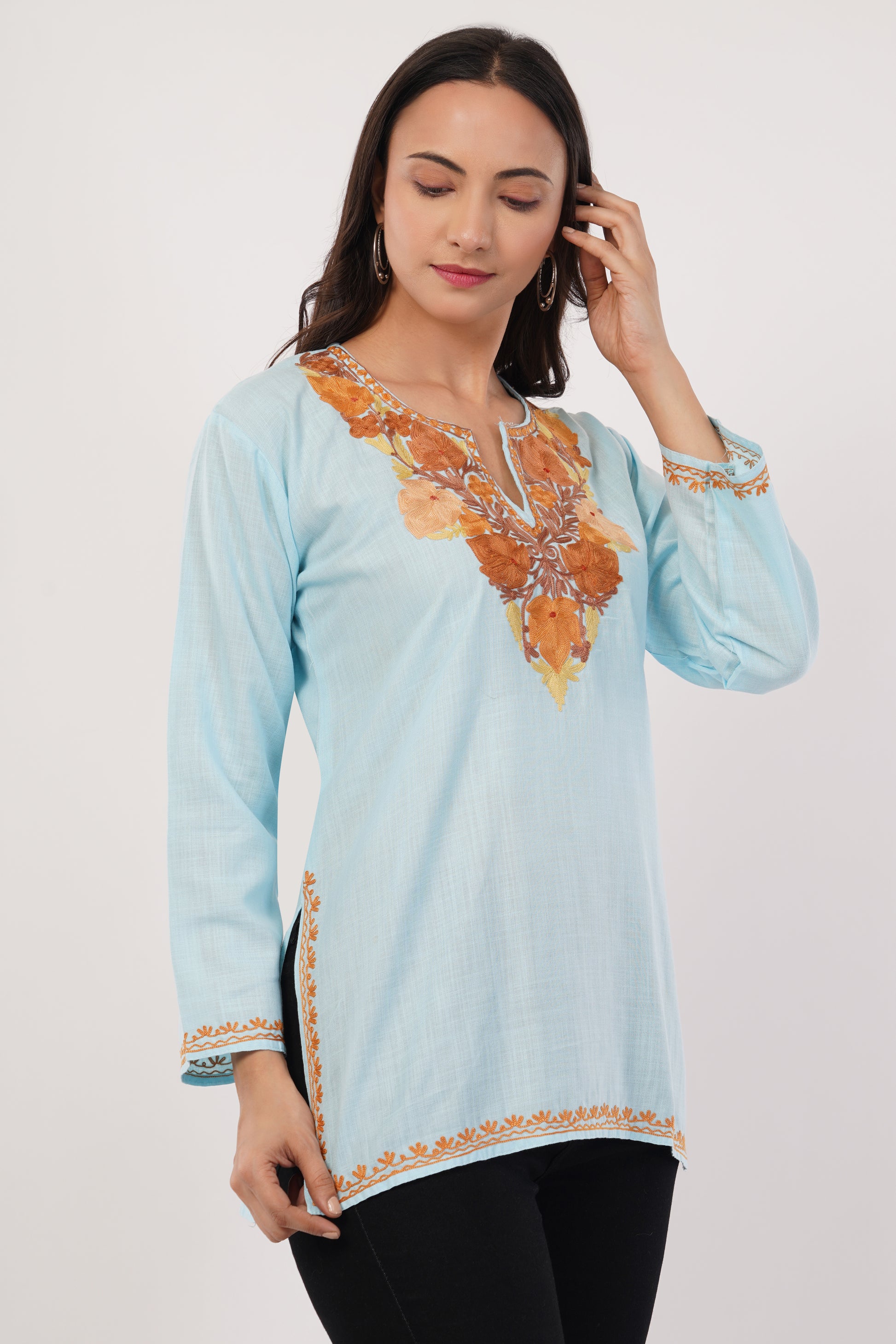 Kashmiri Aari embroidery Cotton Short Kurti Size-38 (Sky Blue)