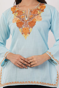 Kashmiri Aari embroidery Cotton Short Kurti Size-38 (Sky Blue)