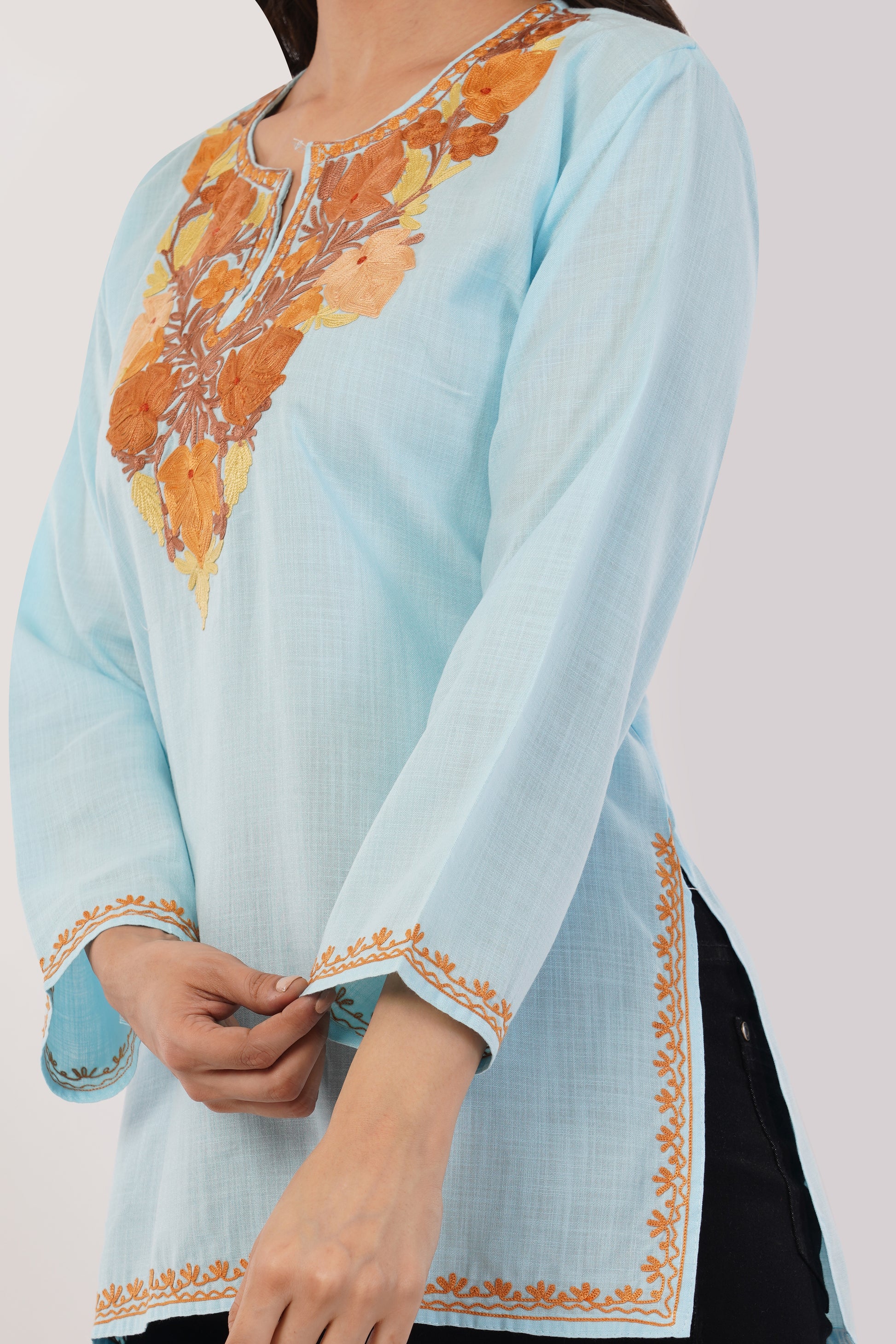 Kashmiri Aari embroidery Cotton Short Kurti Size-38 (Sky Blue)