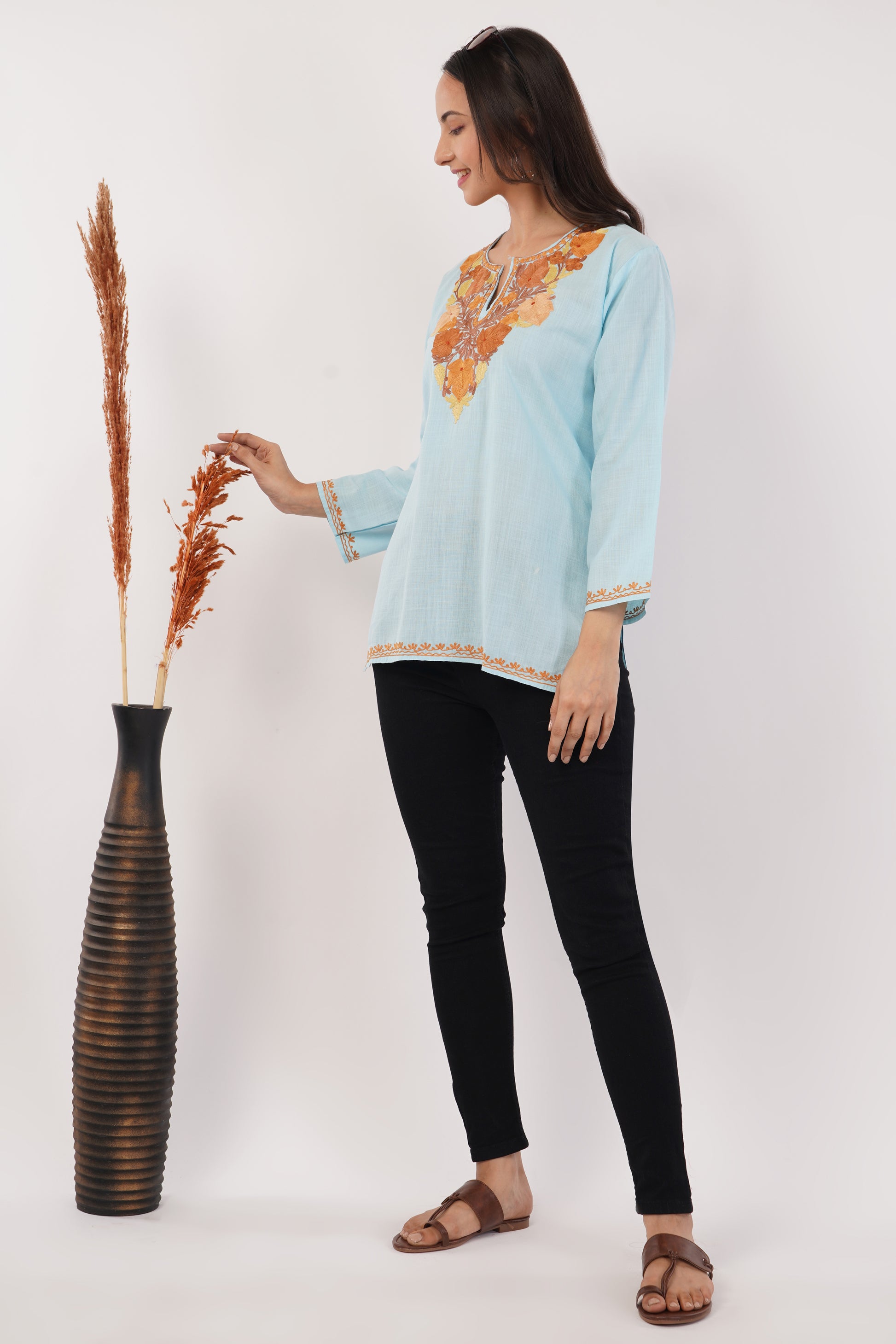 Kashmiri Aari embroidery Cotton Short Kurti Size-38 (Sky Blue)