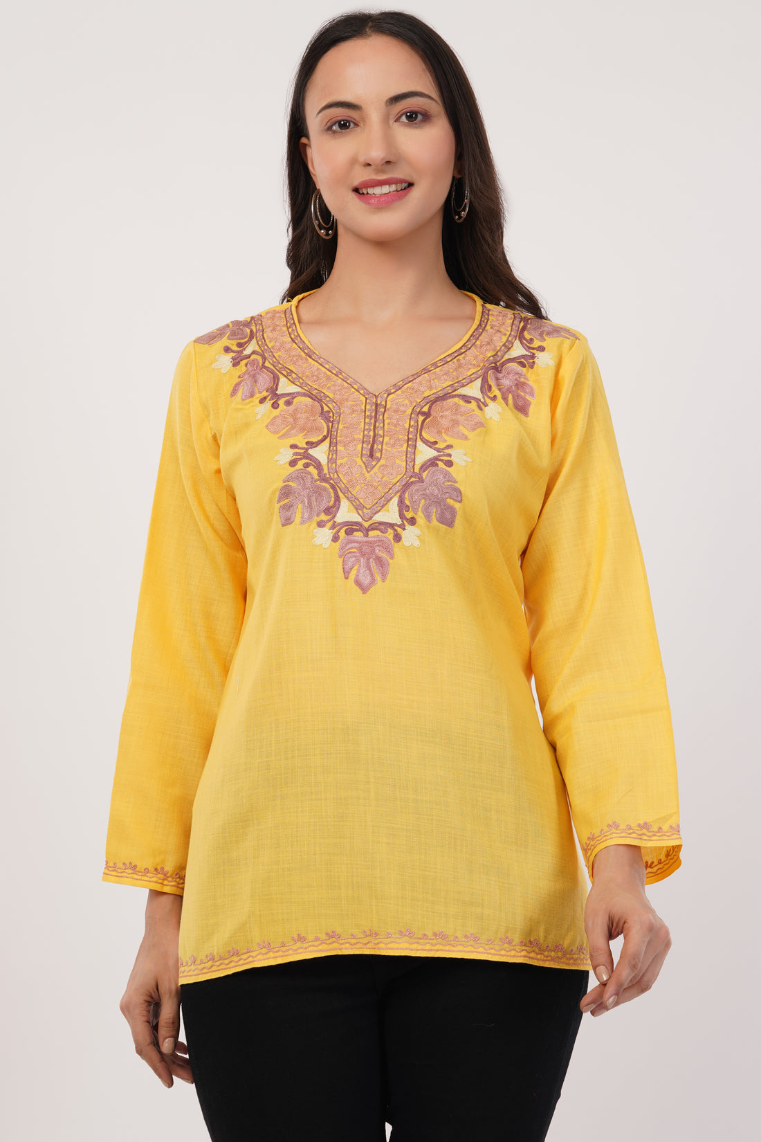 Kashmiri Aari embroidery Cotton Short Kurti Size-38 (Yellow)