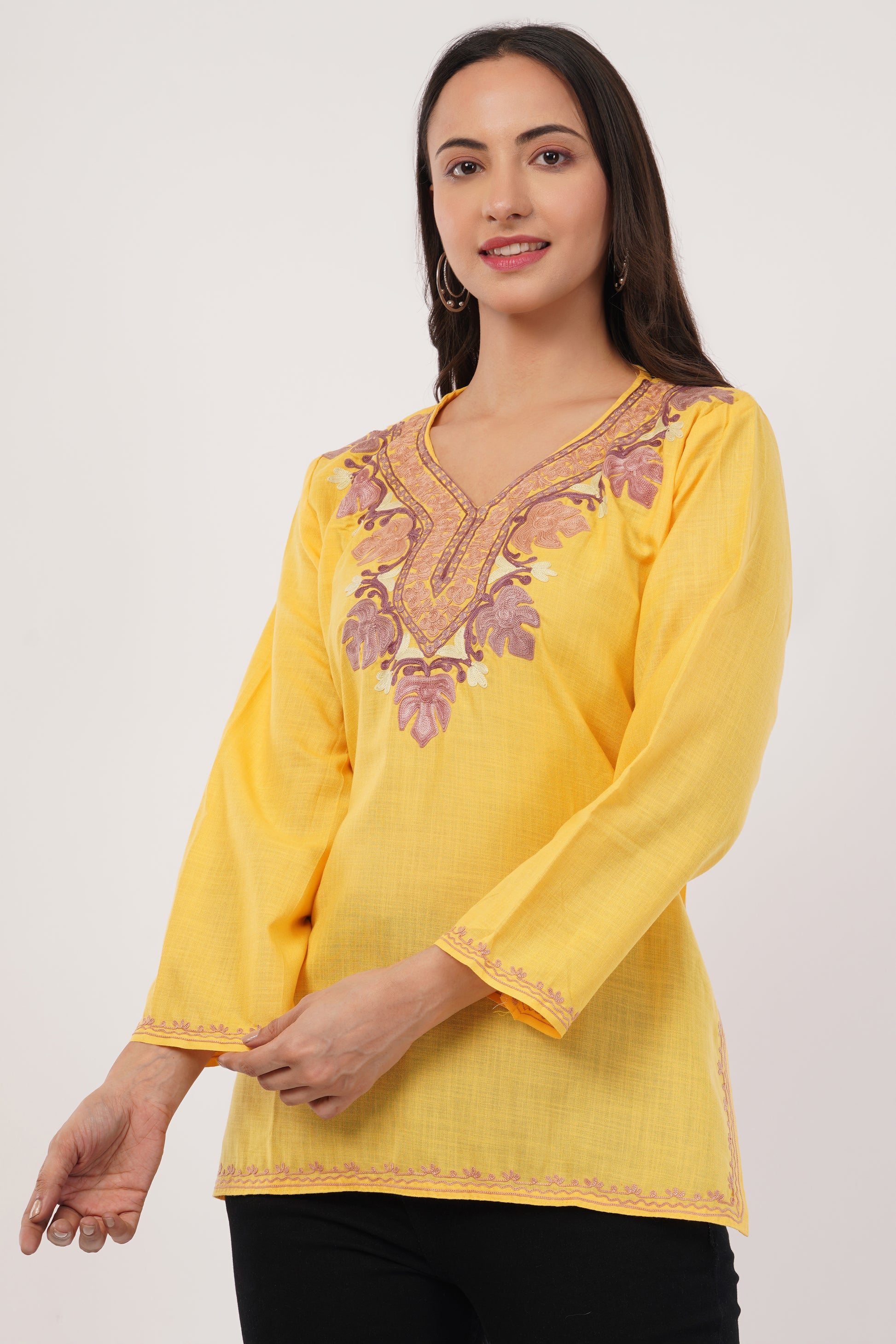 Kashmiri Aari embroidery Cotton Short Kurti Size-38 (Yellow)