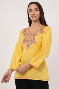 Kashmiri Aari embroidery Cotton Short Kurti Size-38 (Yellow)