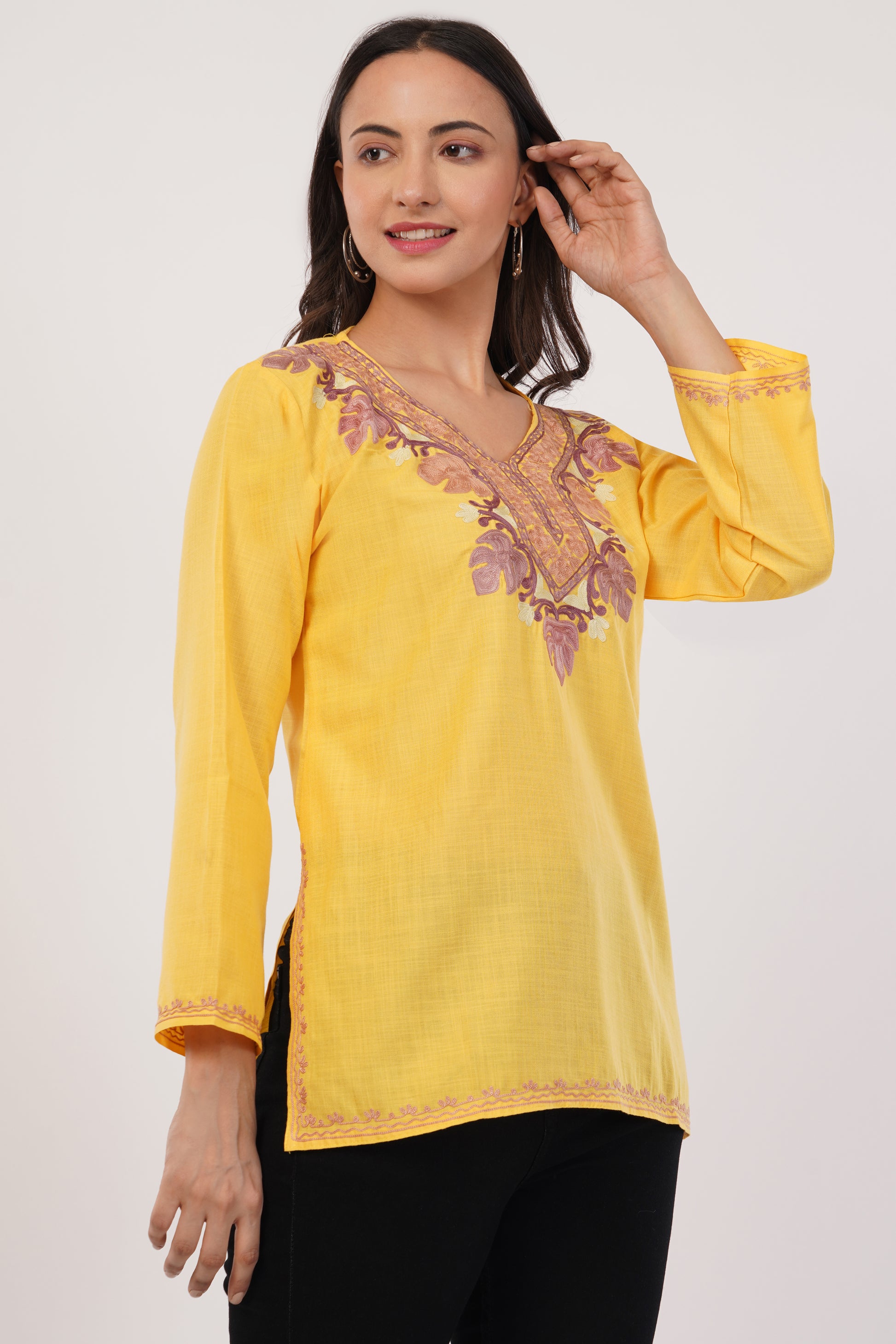 Kashmiri Aari embroidery Cotton Short Kurti Size-38 (Yellow)