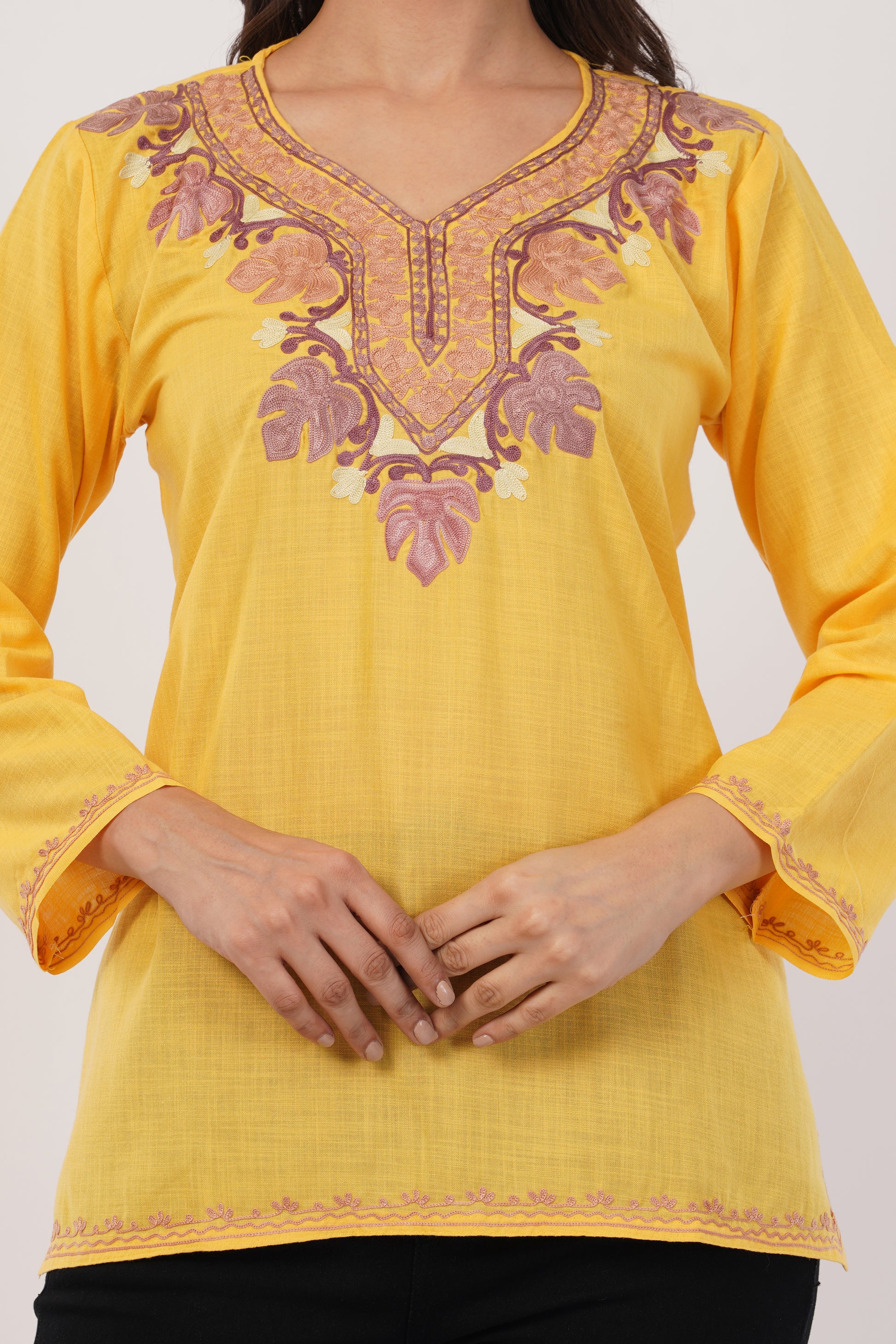 Kashmiri Aari embroidery Cotton Short Kurti Size-38 (Yellow)