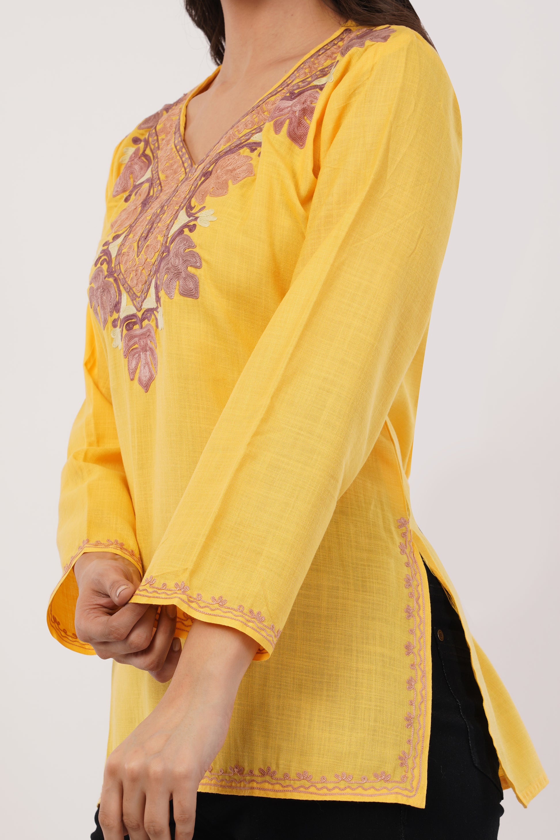 Kashmiri Aari embroidery Cotton Short Kurti Size-38 (Yellow)