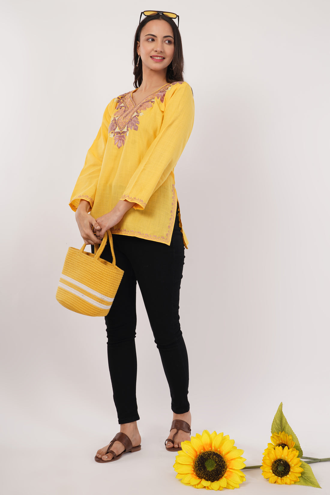 Kashmiri Aari embroidery Cotton Short Kurti Size-38 (Yellow)