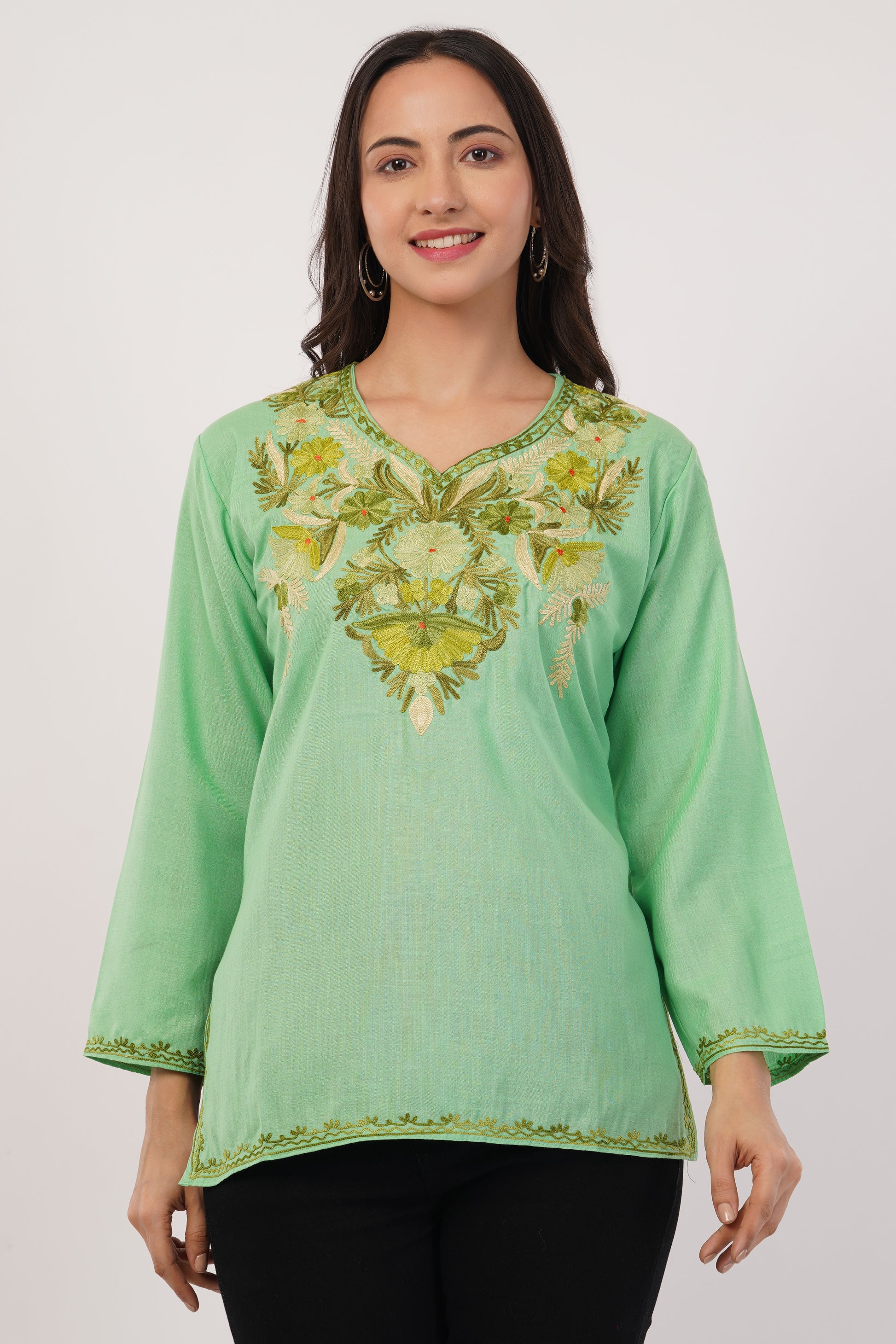 Kashmiri Aari embroidery Cotton Short Kurti Size-38(Green)