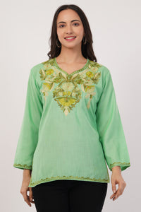 Kashmiri Aari embroidery Cotton Short Kurti Size-38(Green)