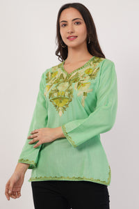 Kashmiri Aari embroidery Cotton Short Kurti Size-38(Green)