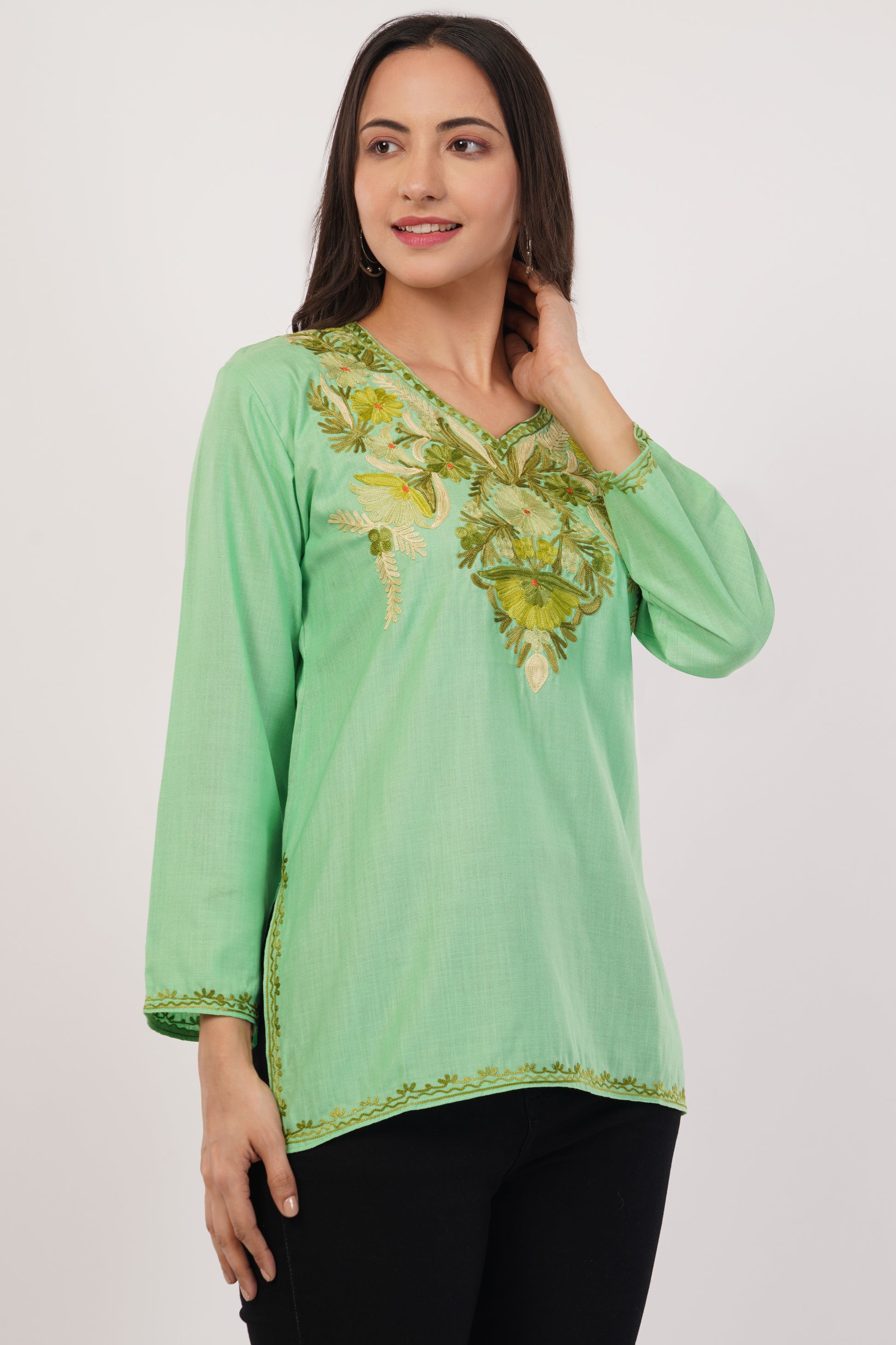 Kashmiri Aari embroidery Cotton Short Kurti Size-38(Green)
