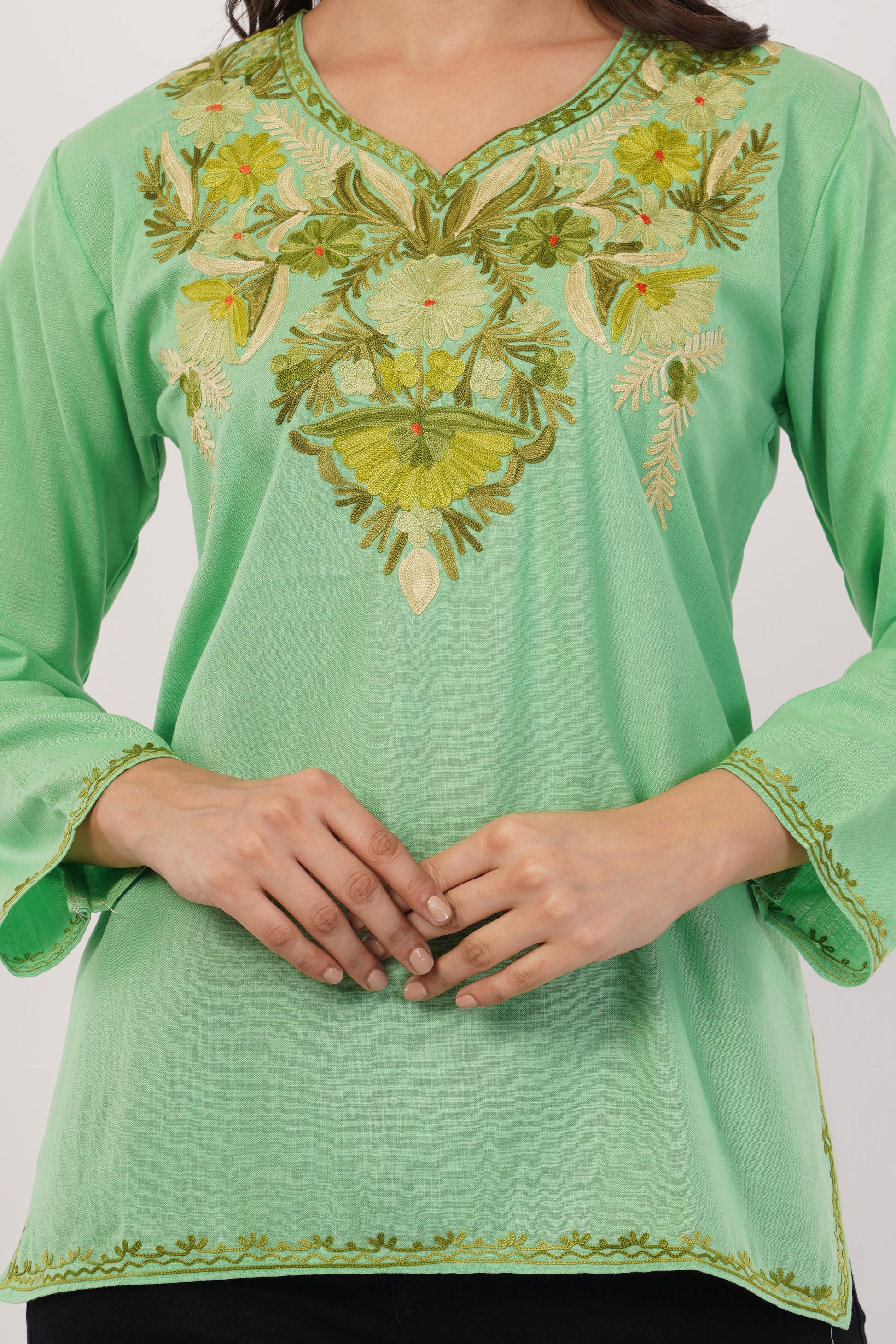 Kashmiri Aari embroidery Cotton Short Kurti Size-38(Green)
