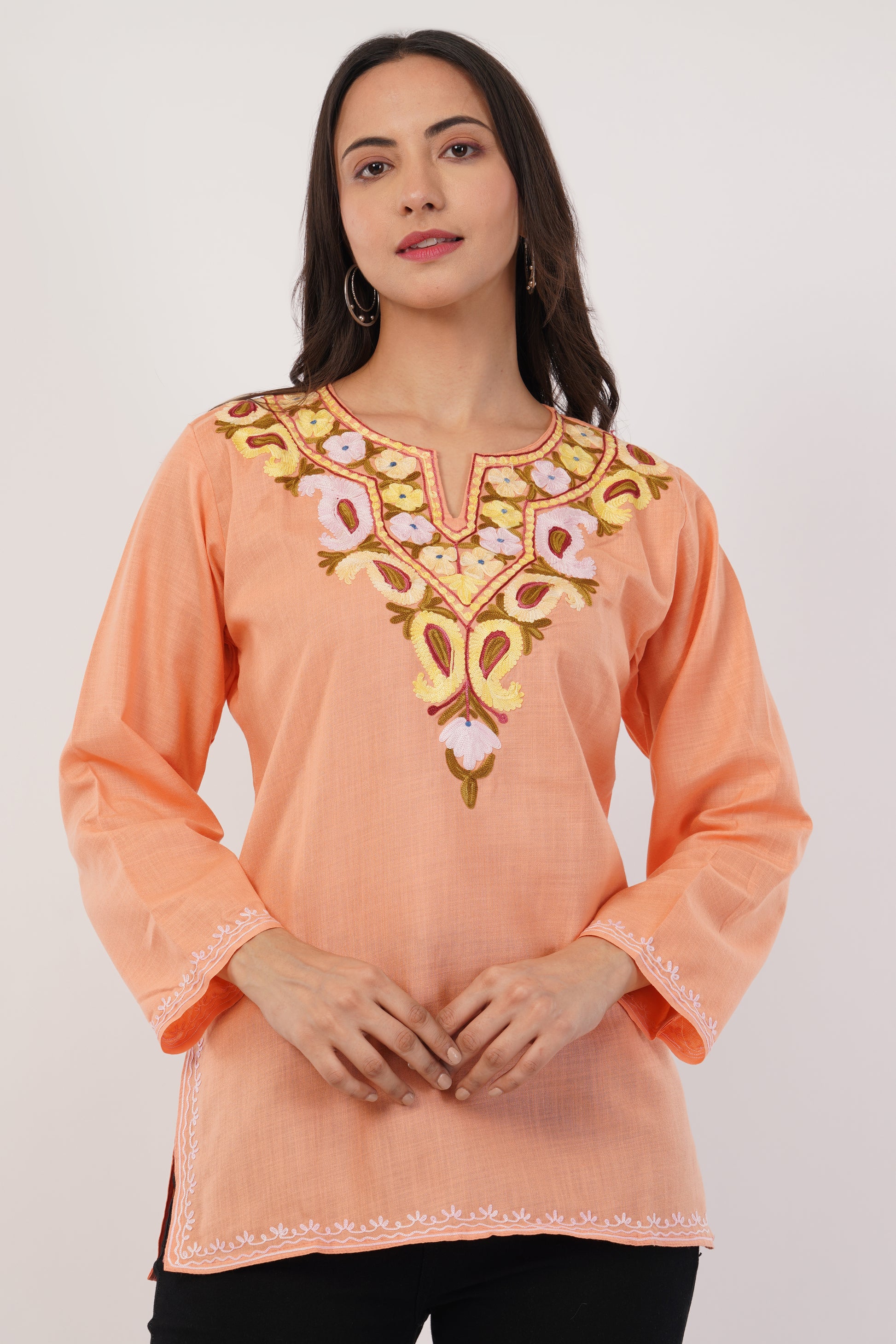 Kashmiri Aari embroidery Cotton Short Kurti Size-38(Peach)
