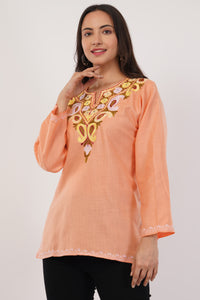 Kashmiri Aari embroidery Cotton Short Kurti Size-38(Peach)