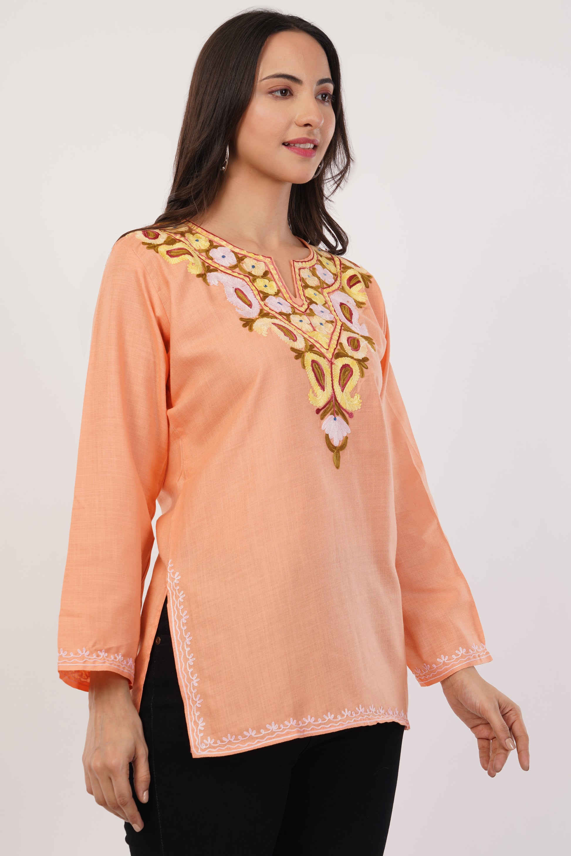 Kashmiri Aari embroidery Cotton Short Kurti Size-38(Peach)