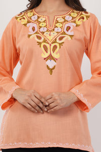 Kashmiri Aari embroidery Cotton Short Kurti Size-38(Peach)