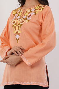 Kashmiri Aari embroidery Cotton Short Kurti Size-38(Peach)