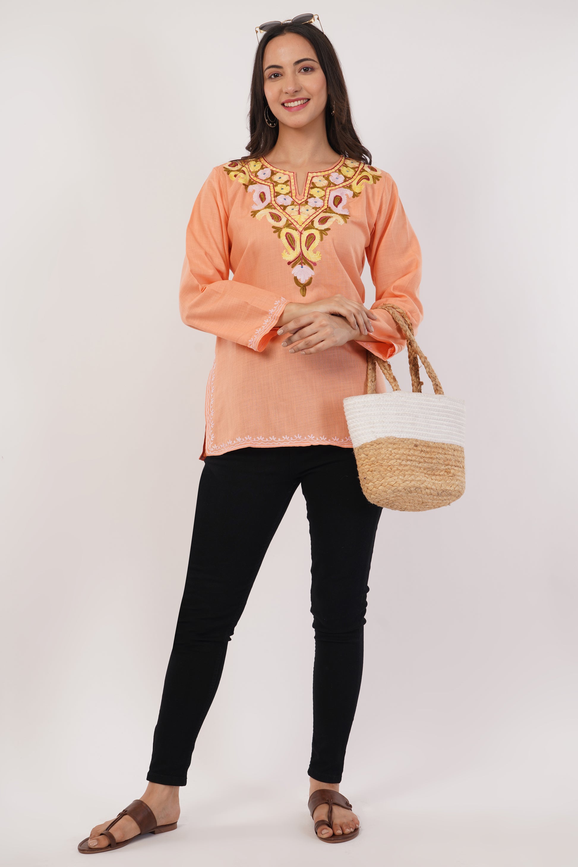 Kashmiri Aari embroidery Cotton Short Kurti Size-38(Peach)