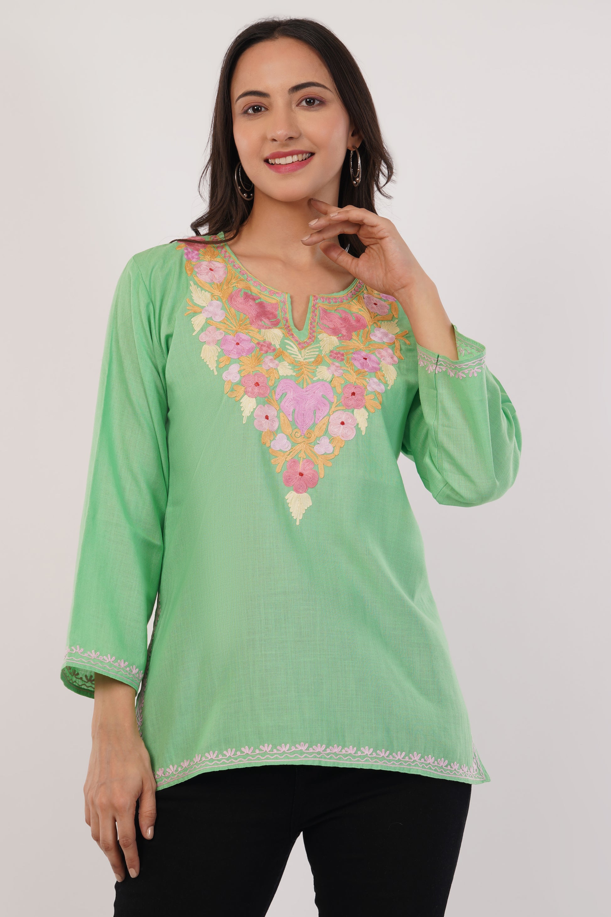 Kashmiri Aari embroidery Cotton Short Kurti Size-38 (Green)
