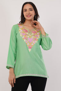 Kashmiri Aari embroidery Cotton Short Kurti Size-38 (Green)