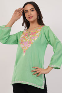 Kashmiri Aari embroidery Cotton Short Kurti Size-38 (Green)