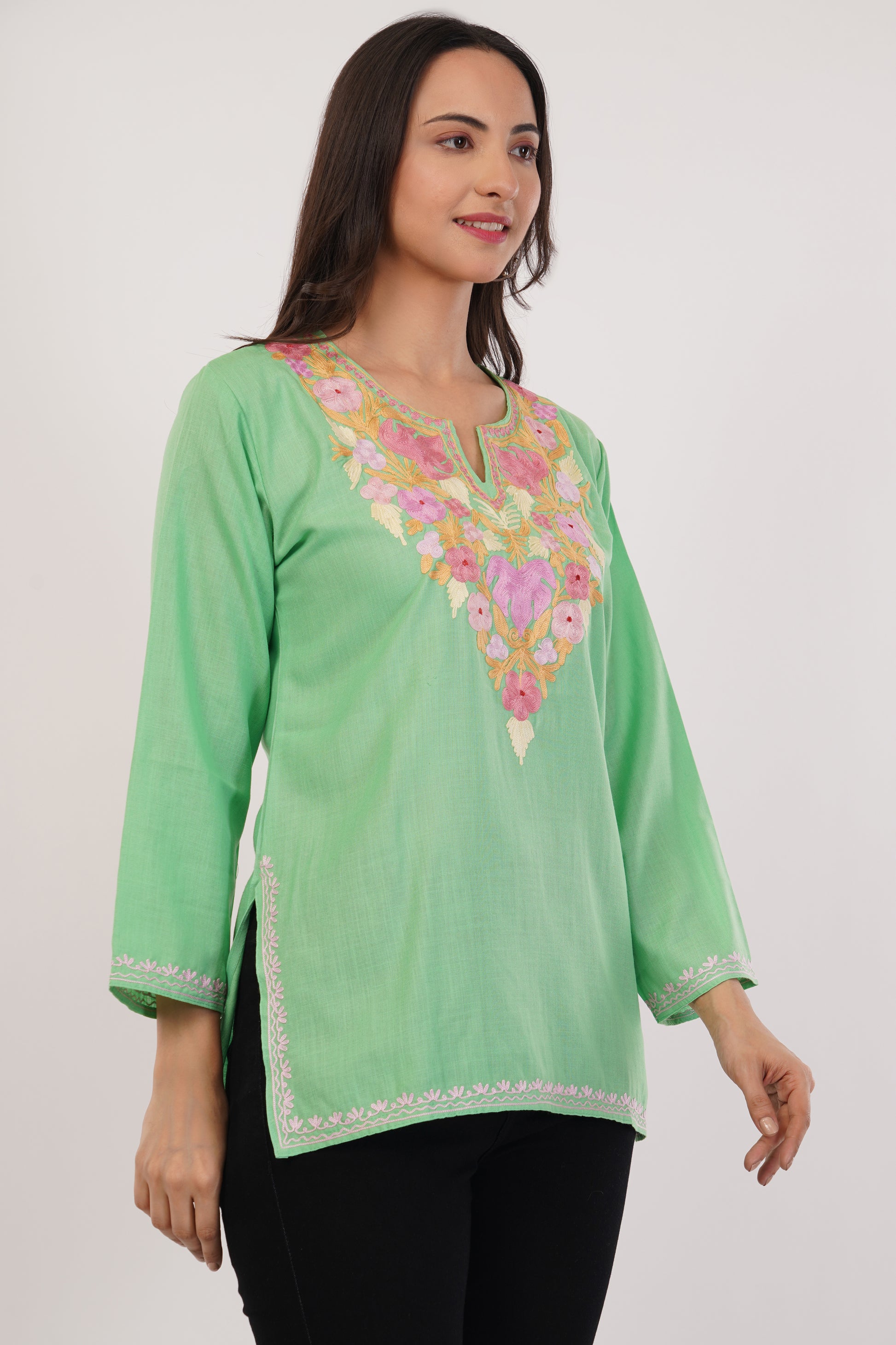 Kashmiri Aari embroidery Cotton Short Kurti Size-38 (Green)