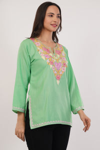 Kashmiri Aari embroidery Cotton Short Kurti Size-38 (Green)