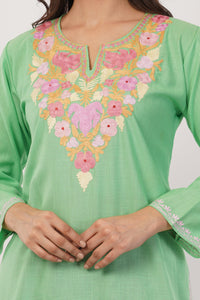 Kashmiri Aari embroidery Cotton Short Kurti Size-38 (Green)