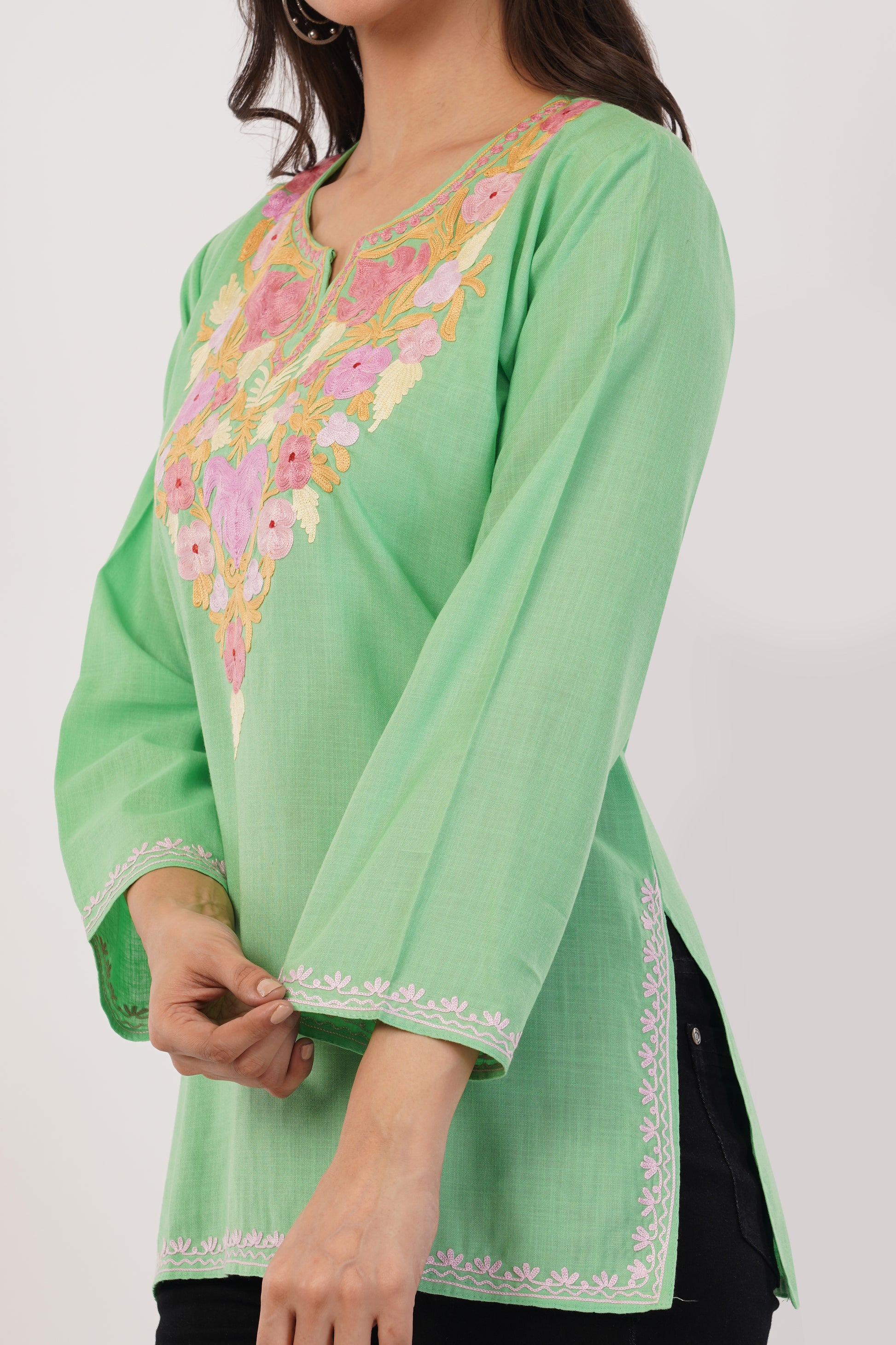 Kashmiri Aari embroidery Cotton Short Kurti Size-38 (Green)