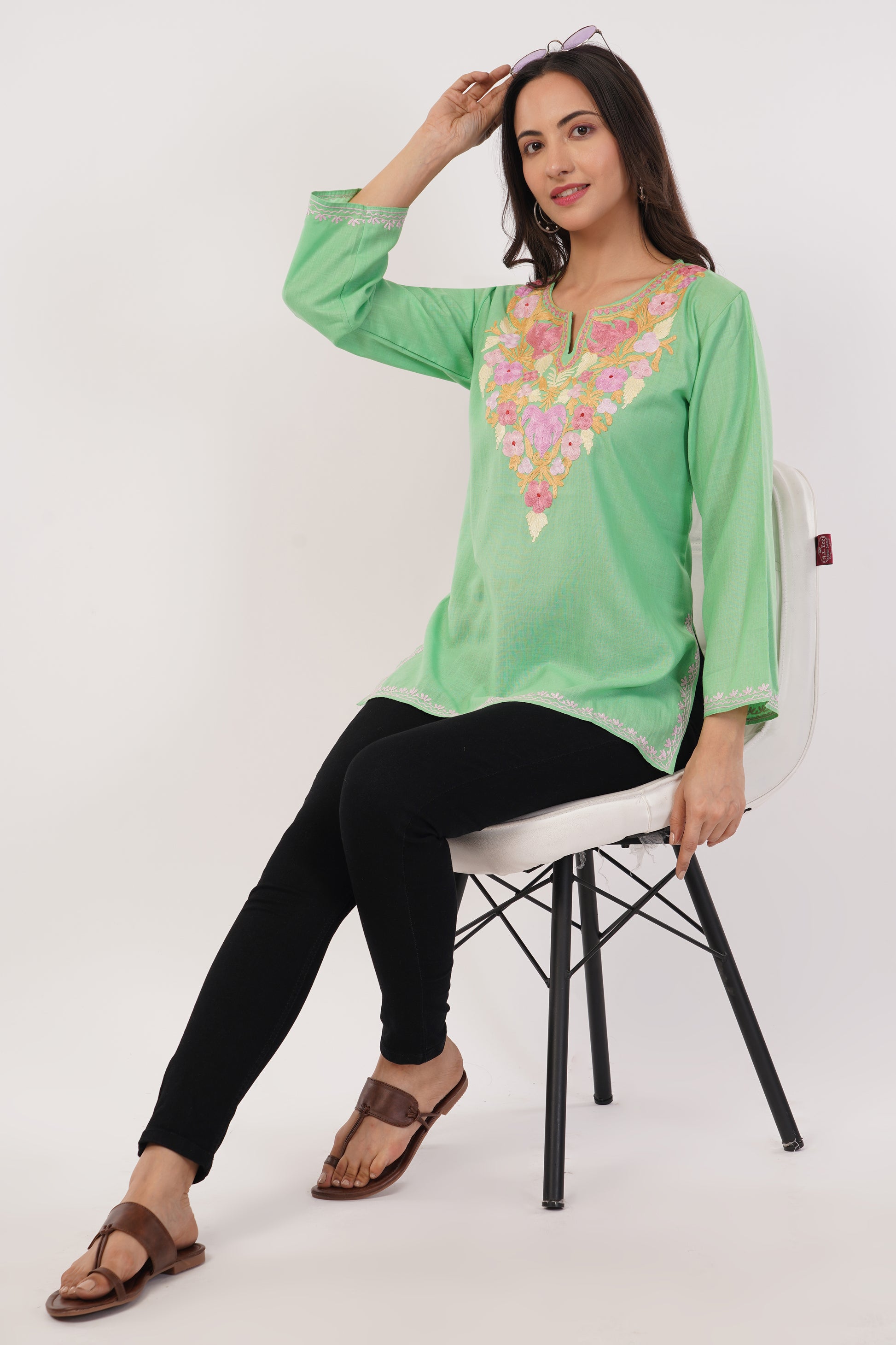 Kashmiri Aari embroidery Cotton Short Kurti Size-38 (Green)