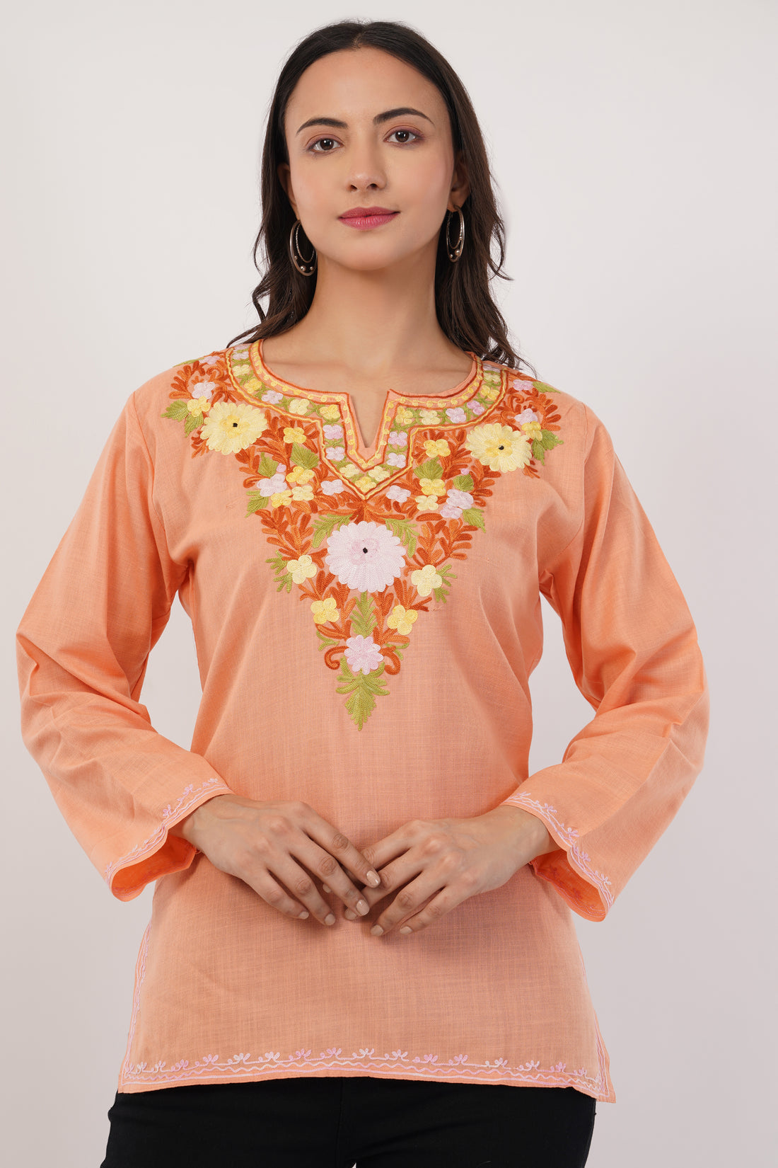 Kashmiri Aari embroidery Cotton Short Kurti Size-38 (Peach)