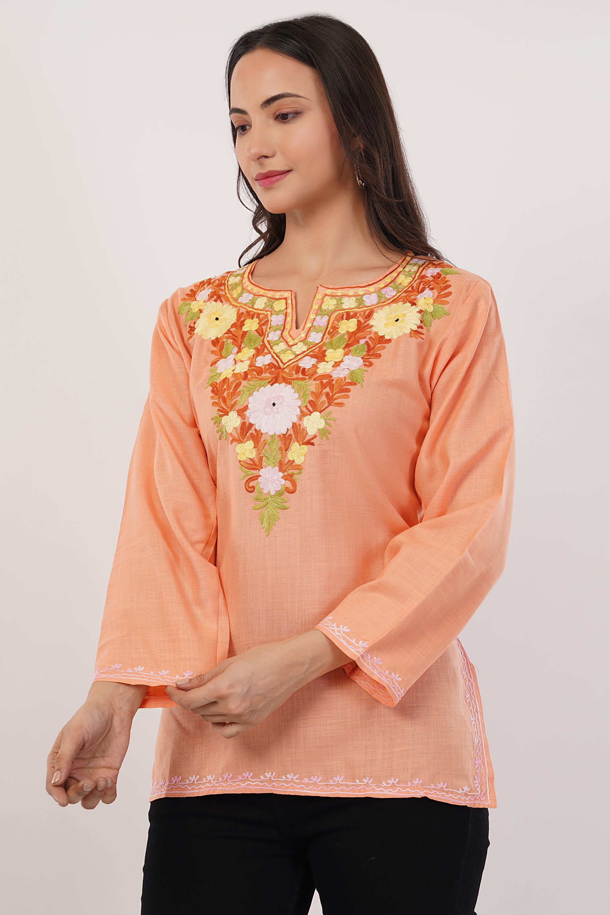 Kashmiri Aari embroidery Cotton Short Kurti Size-38 (Peach)
