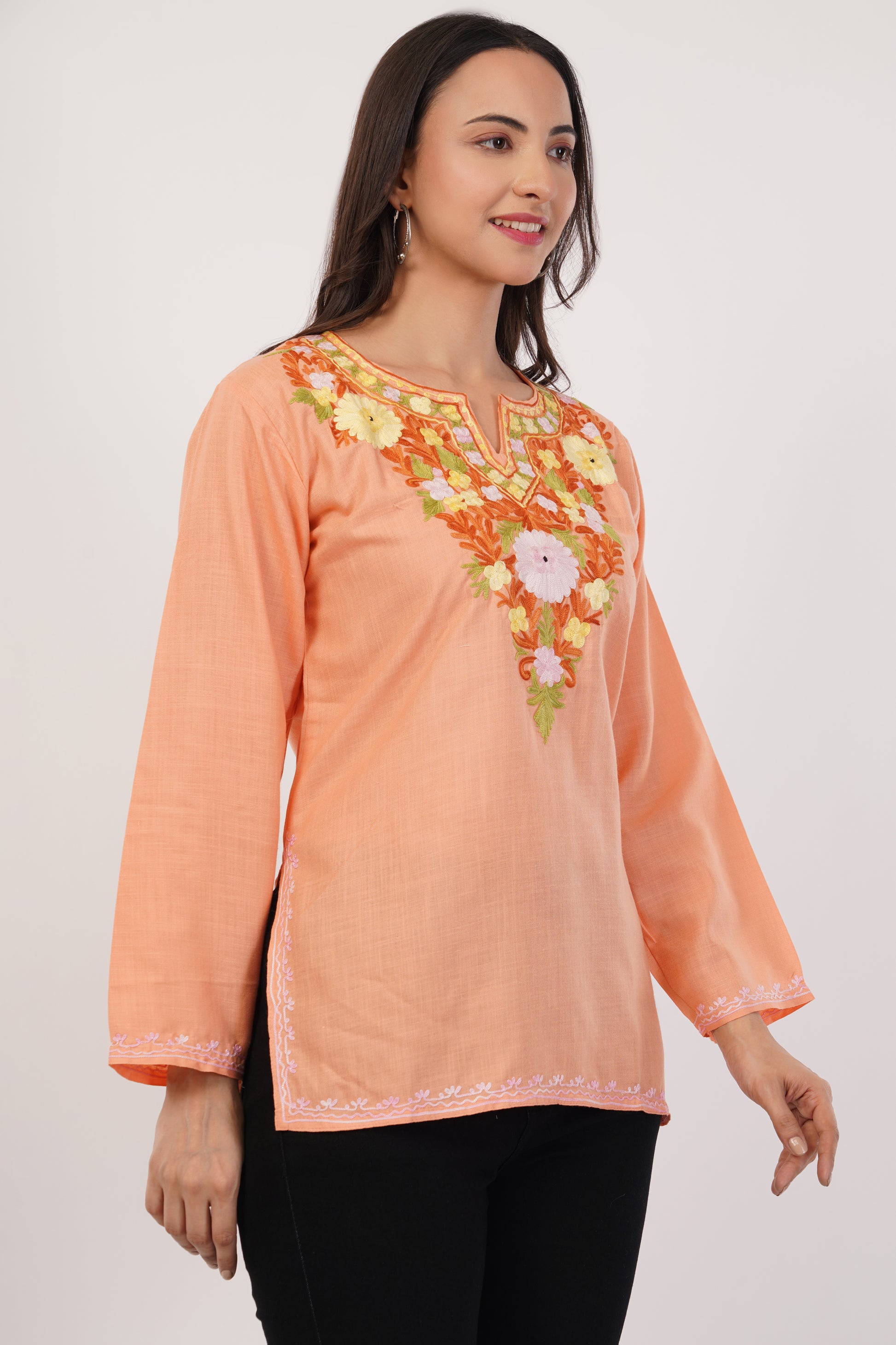 Kashmiri Aari embroidery Cotton Short Kurti Size-38 (Peach)