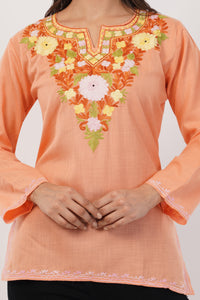Kashmiri Aari embroidery Cotton Short Kurti Size-38 (Peach)