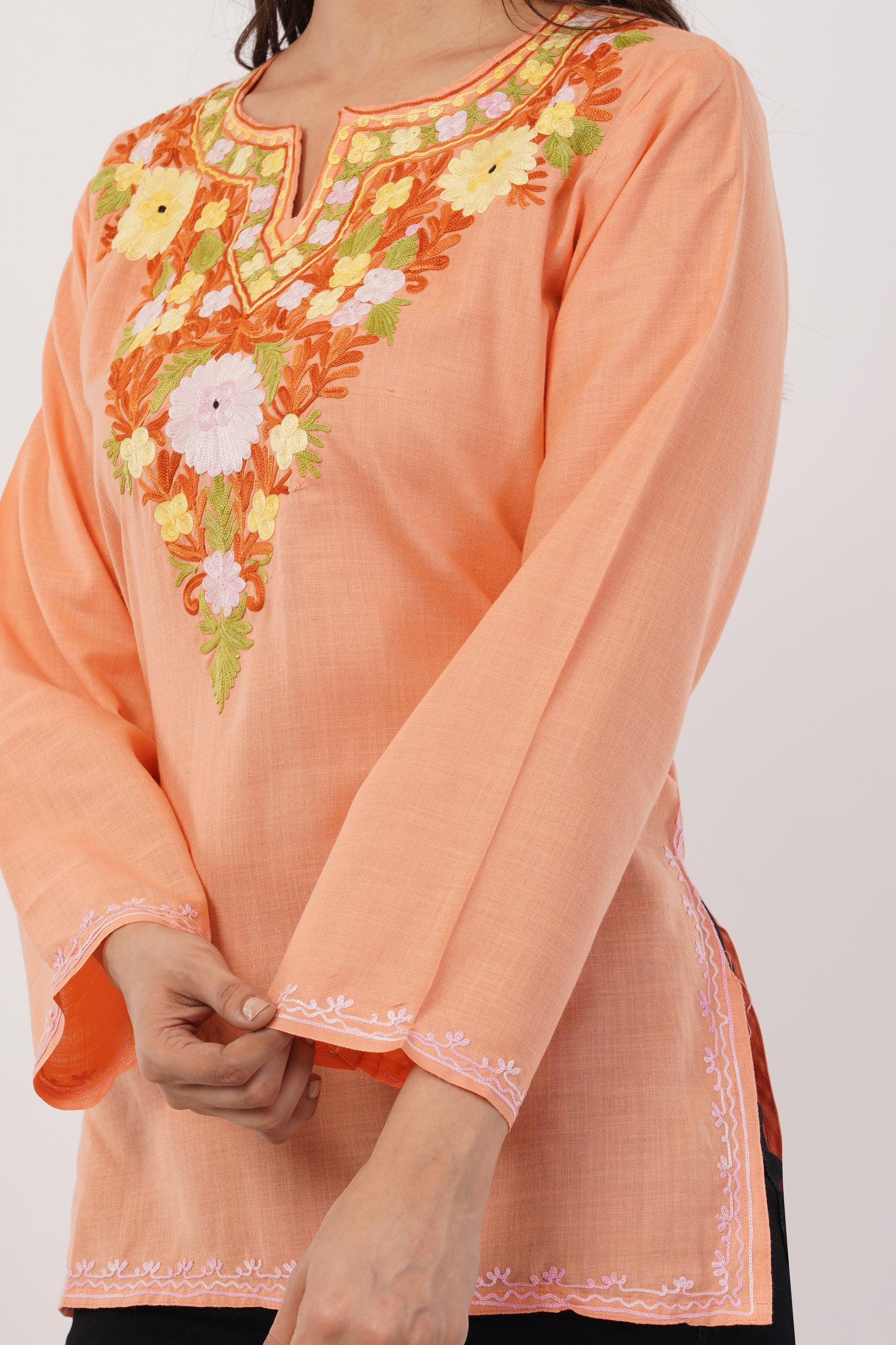 Kashmiri Aari embroidery Cotton Short Kurti Size-38 (Peach)