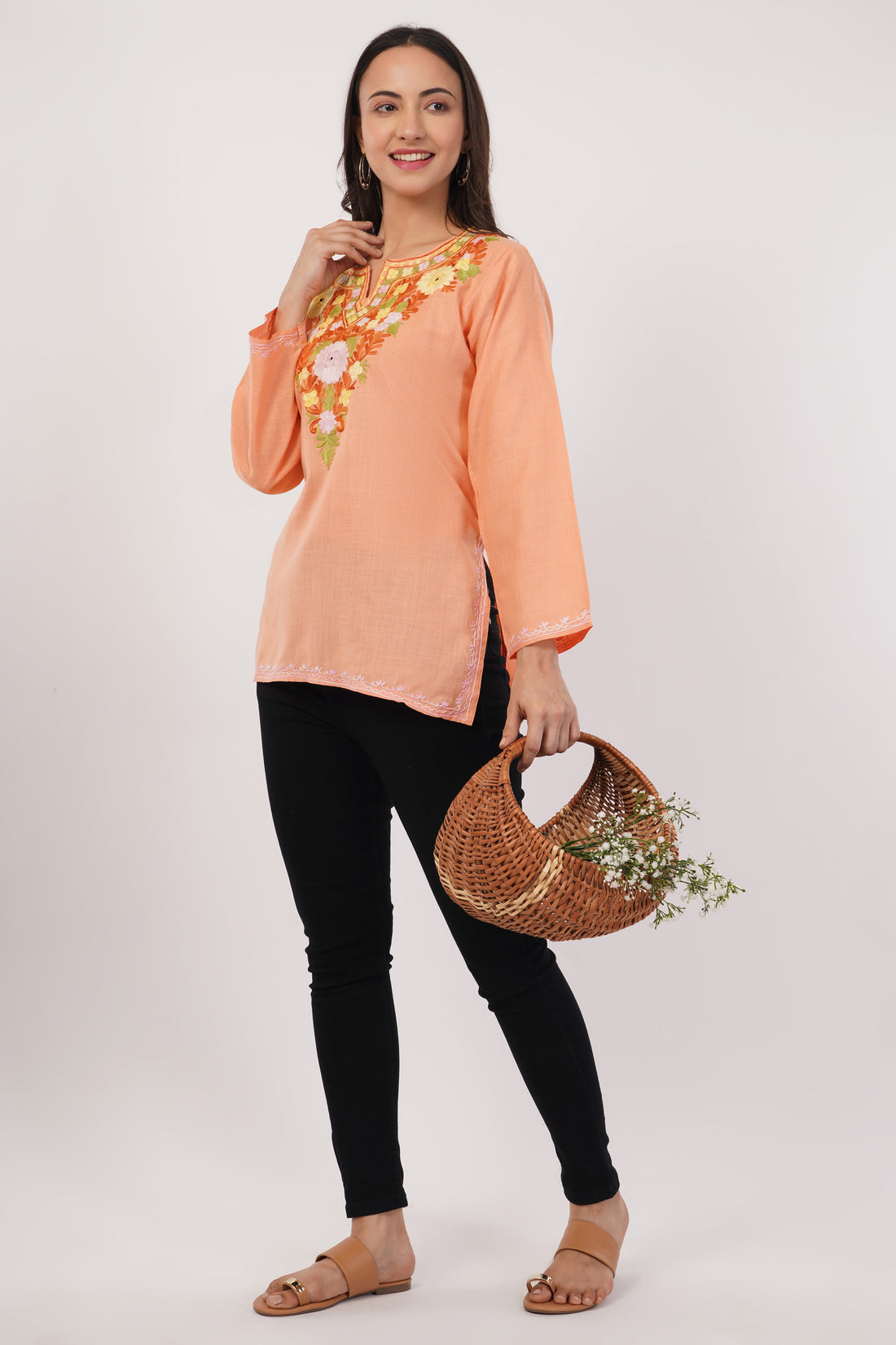 Kashmiri Aari embroidery Cotton Short Kurti Size-38 (Peach)