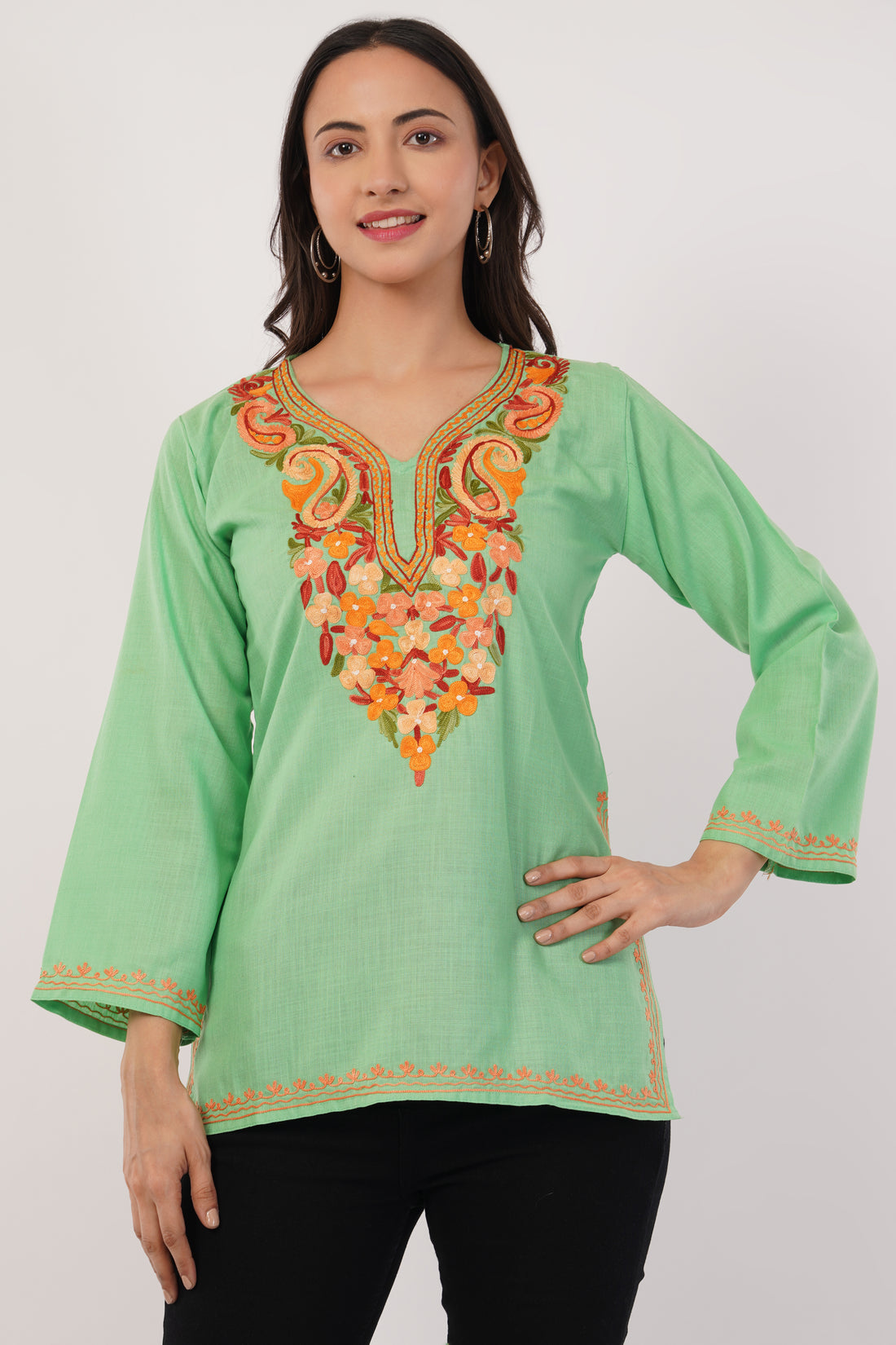 Kashmiri Aari embroidery Cotton Short Kurti Size-36( Green)