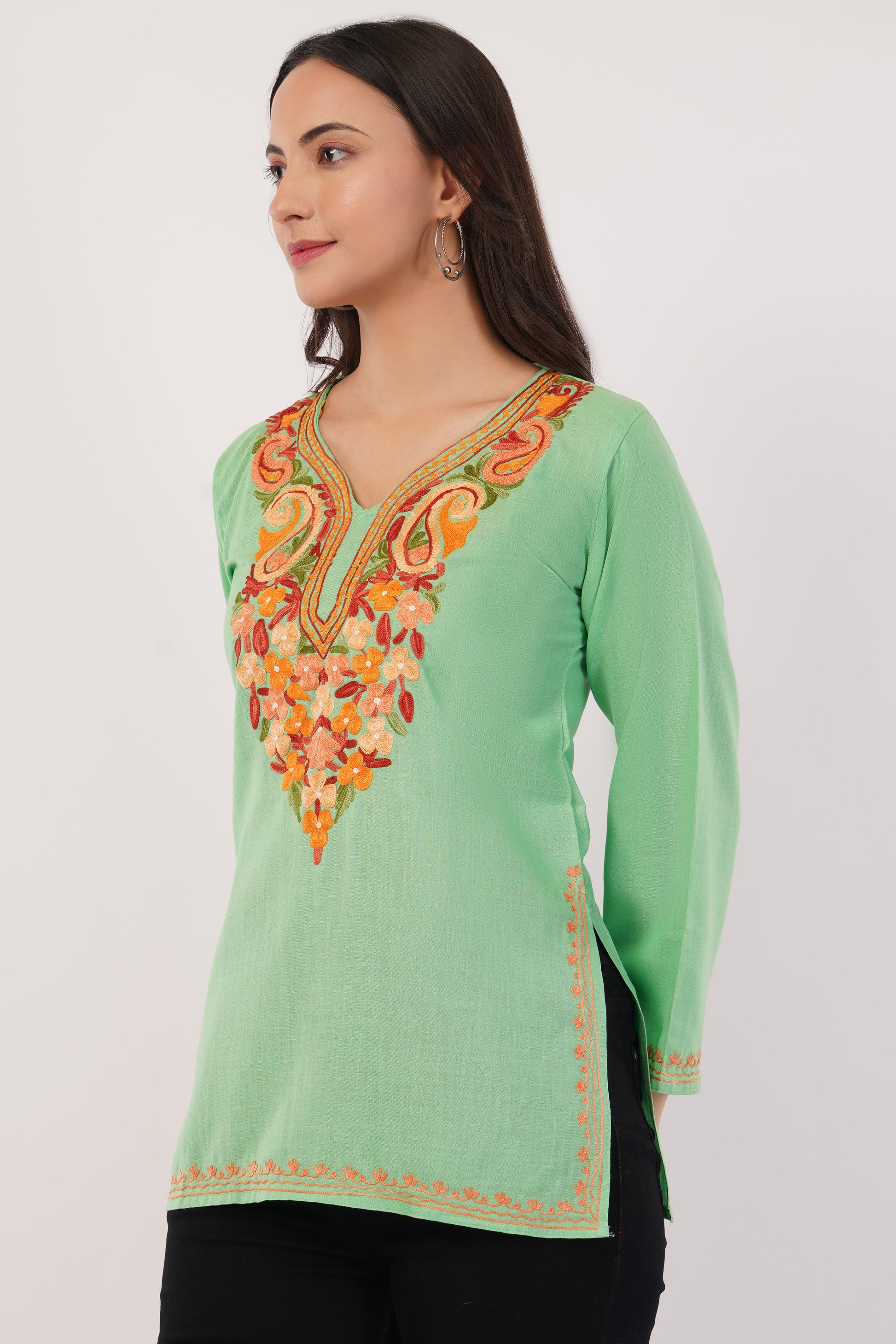 Kashmiri Aari embroidery Cotton Short Kurti Size-36( Green)