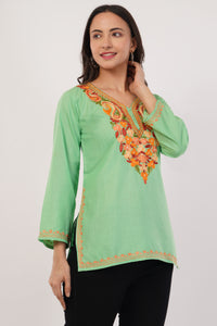 Kashmiri Aari embroidery Cotton Short Kurti Size-36( Green)