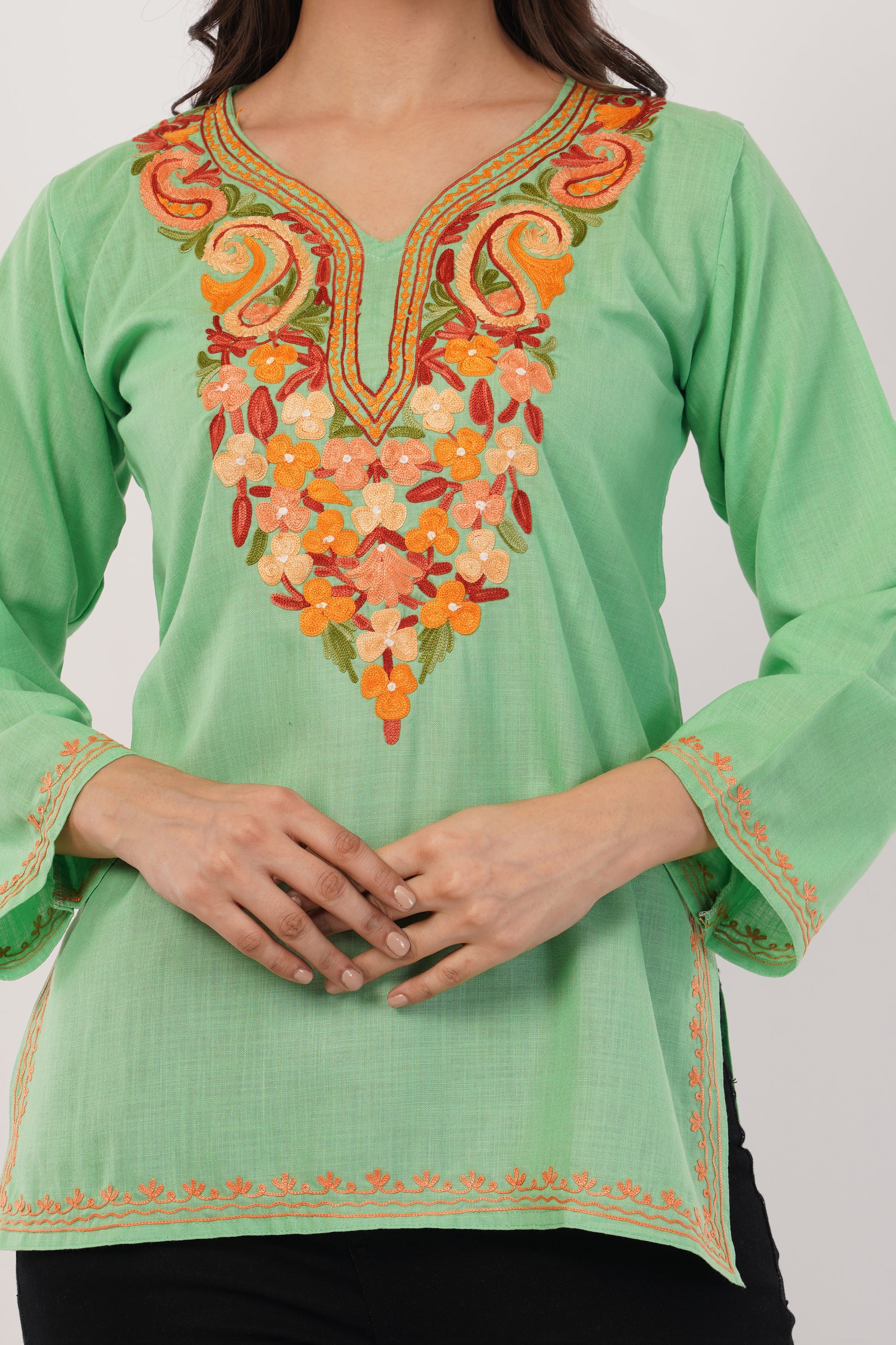 Kashmiri Aari embroidery Cotton Short Kurti Size-36( Green)