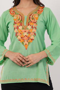 Kashmiri Aari embroidery Cotton Short Kurti Size-36( Green)