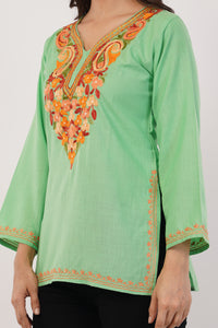 Kashmiri Aari embroidery Cotton Short Kurti Size-36( Green)