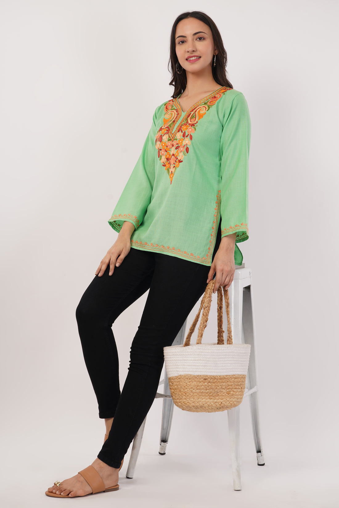 Kashmiri Aari embroidery Cotton Short Kurti Size-36( Green)