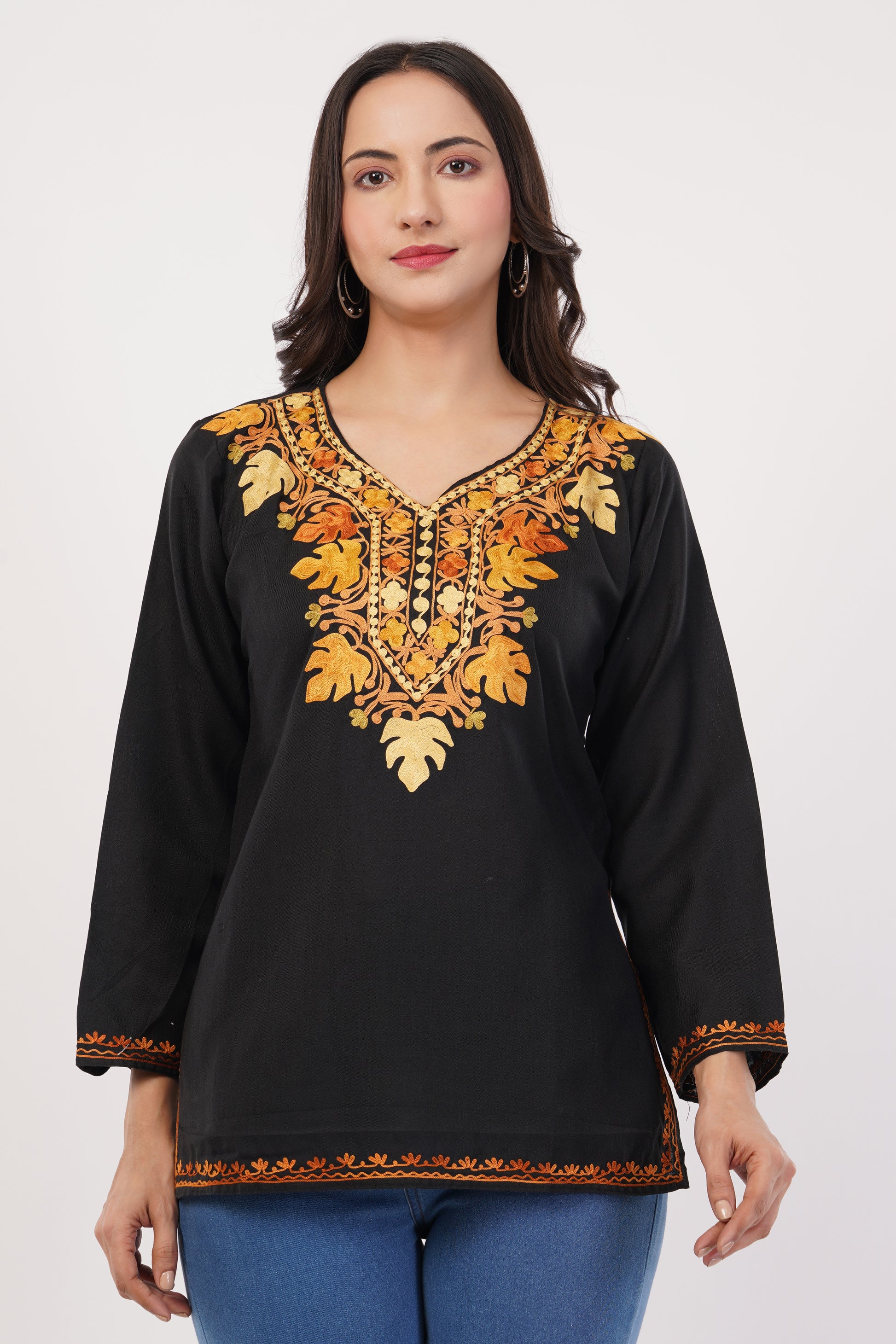 Kashmiri Aari embroidery Cotton Short Kurti Size-38 (Black)