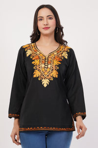 Kashmiri Aari embroidery Cotton Short Kurti Size-38 (Black)