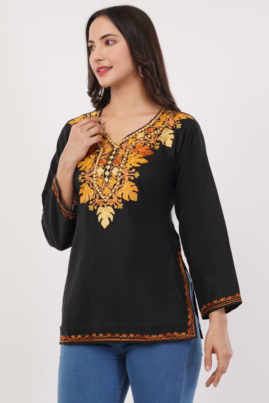 Kashmiri Aari embroidery Cotton Short Kurti Size-38 (Black)